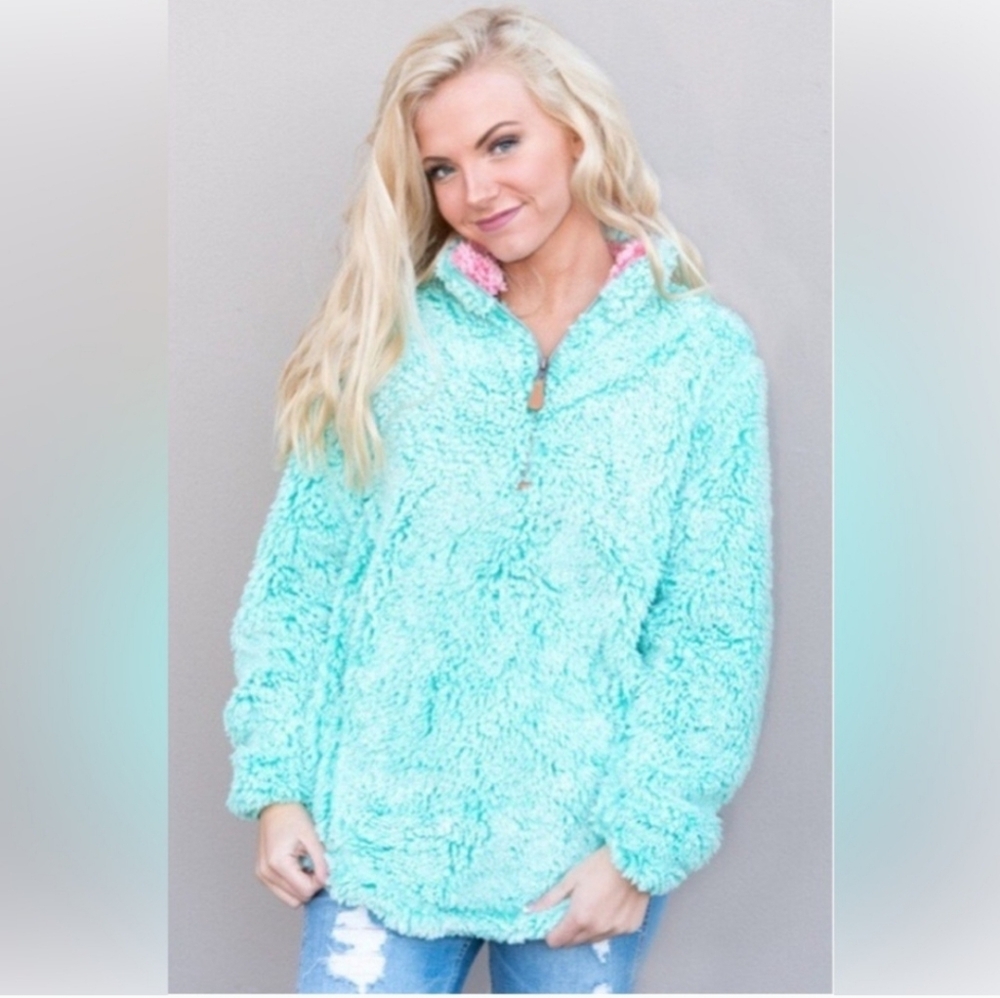 Simply Southern Dark Aqua Sherpa Pullover Quarter Zip Teddy Jacket Sz.S